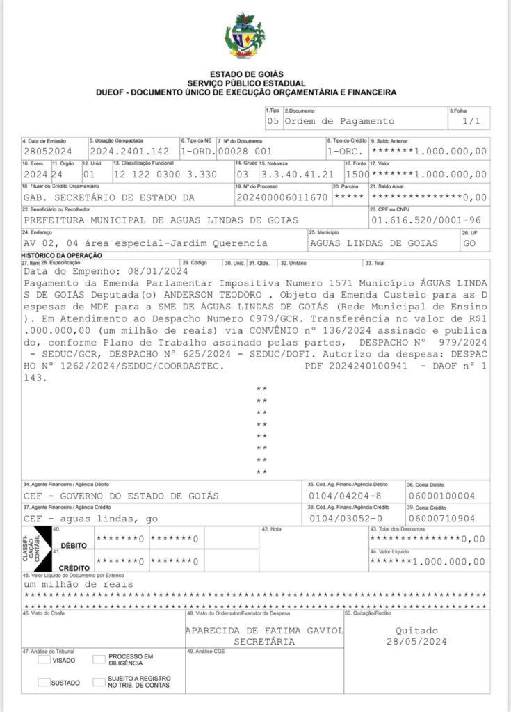 R$ 1.000.000,00 para educação (custeio) em 28/05/2024.
